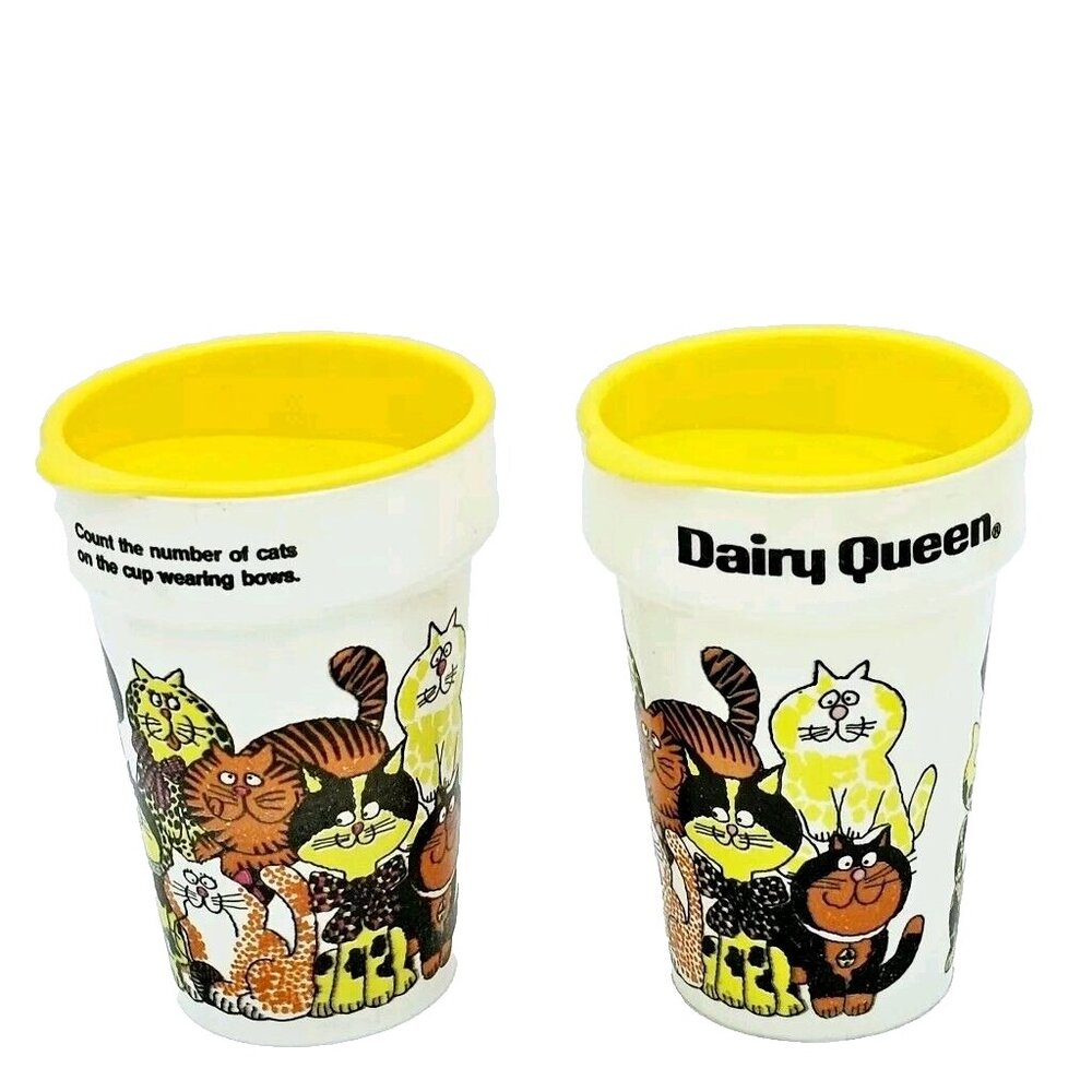 Vintage Dairy Queen Cat Plastic Cup Set Lids Small Limited Edition 2 USA AOP MCM